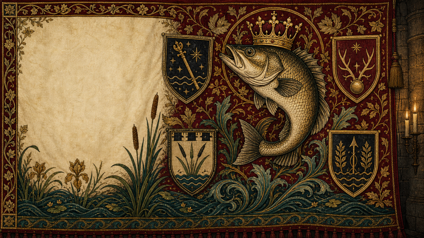 Crowned bass woven into a fictional heraldic tapestry